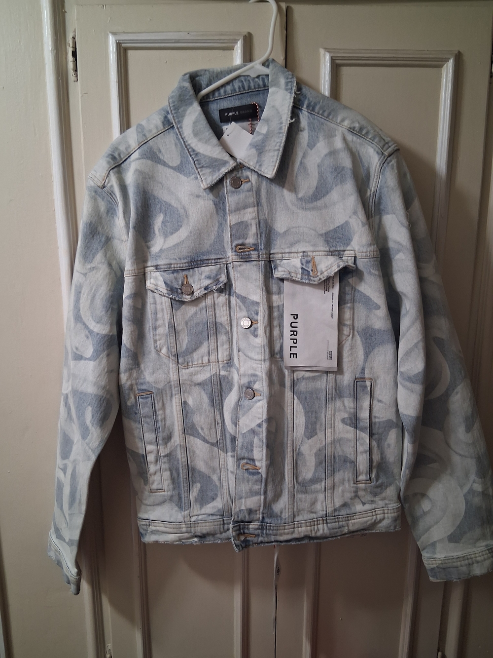 Purple Denim Jacket in Light Blue Swirl Print